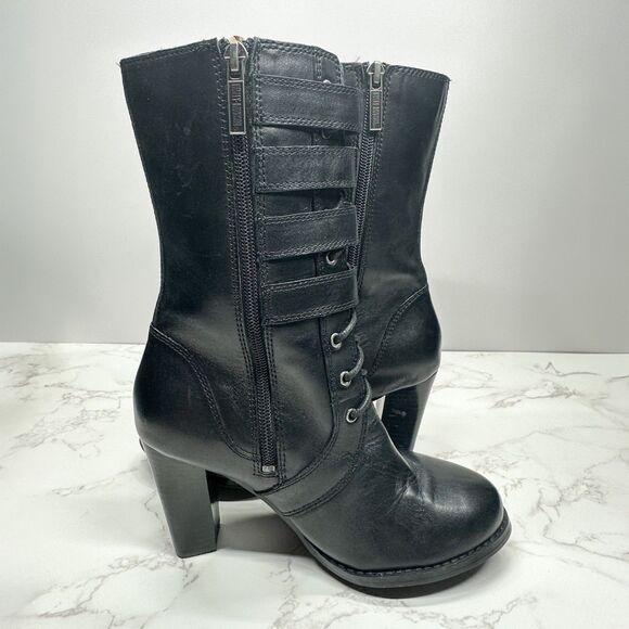 Harley Davidson Ladies Black Leather Boots Size 6 Mid Calf Buckles Zip Lace Up - Picture 5 of 16